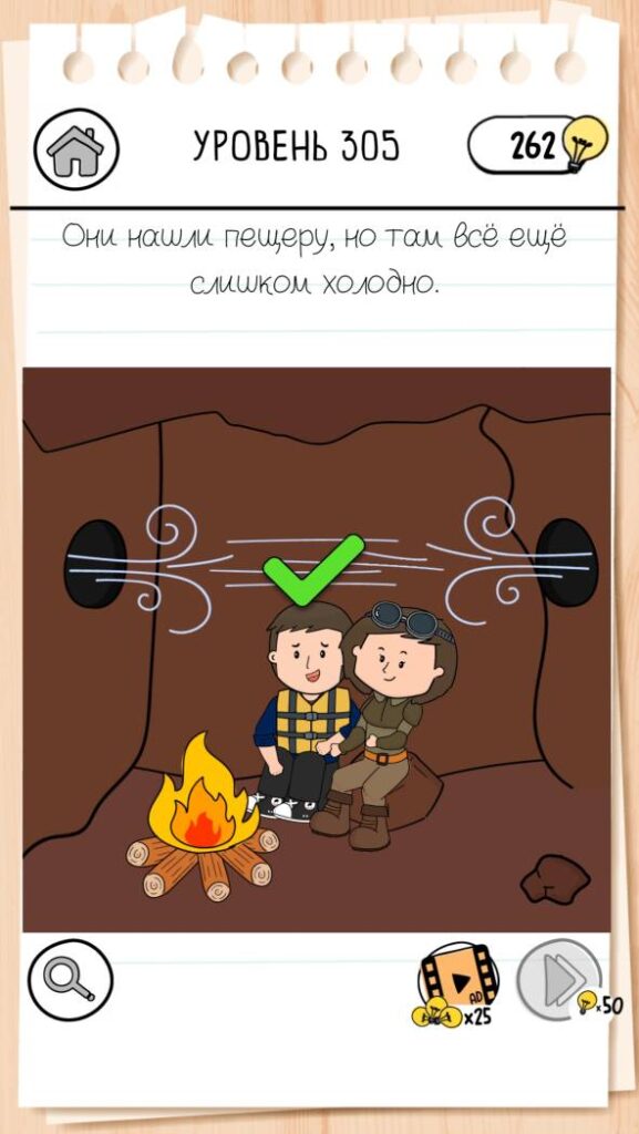 Они нашли пещеру, но там все еще слишком холодно. Brain Test 3 уровень 305