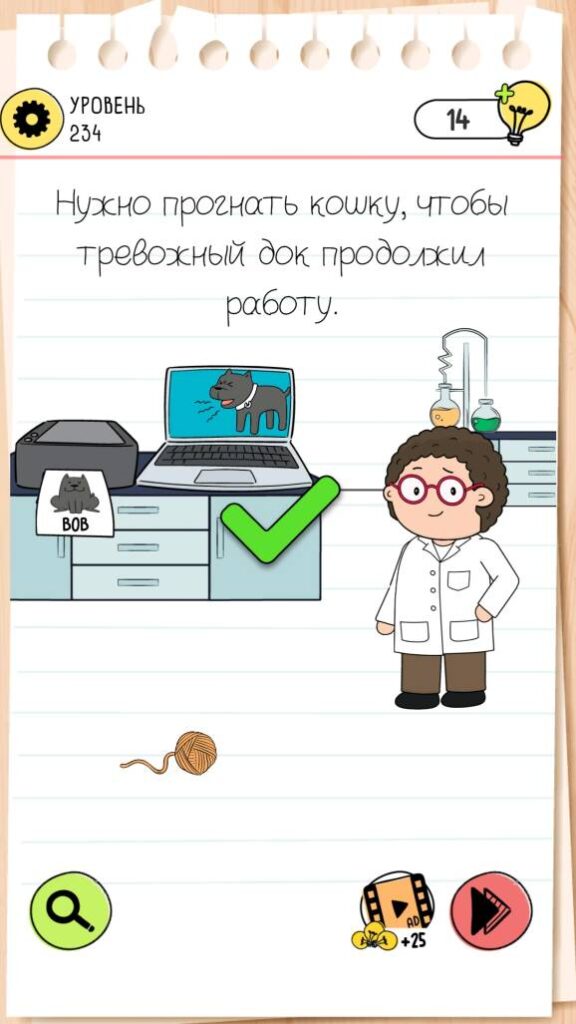Нужно прогнать кошку, чтобы тревожный док продолжил работу. Brain Test 4 уровень 234